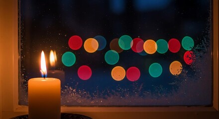 a lit candle and a snowy frosted window with a bokeh background of lights.