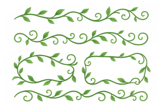 Green vine leaves and curly plant branches, creating borders, dividers, and decorative elements on transparent background