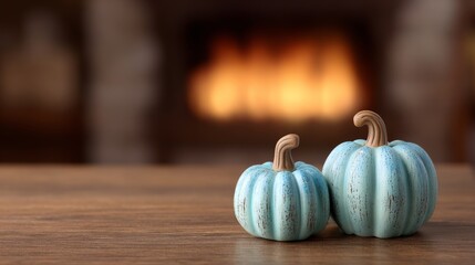 The ambiance of autumn is captured in a serene scene with a blue pumpkin and gentle candlelight, ideal for decorating during Thanksgiving, Halloween, or harvest time
