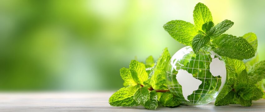 Fresh green mint leaves cradle a transparent globe, embodying the mission of global environmental conservation on Earth Day