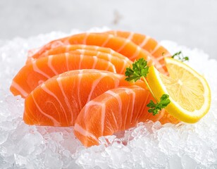 Fresh Salmon Sashimi on Ice with Lemon