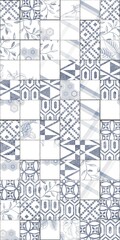 Blue and white geometric tile pattern with floral and abstract designs