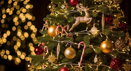 close up of a Christmas tree with gold decorations with bokeh lights background.