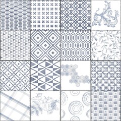 Grid of blue and white patterned tiles featuring geometric, floral, and abstract designs