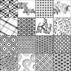 Collection of black and white geometric and floral patterns arranged in a grid