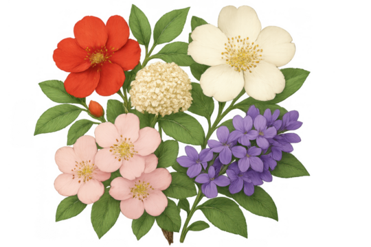 Vintage floral bouquet illustration with various blooming garden flowers and green leaves on transparent background - Powered by Adobe