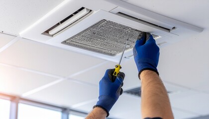 Close-up of technician hands fixing ceiling air conditioner using screwdriver. Concept of HVAC maintenance, repair service, and professional technical work in office environment.