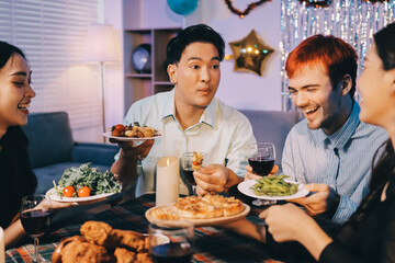 Diversity, dinner and group of people toast celebration together at party. Friends, happy and celebrate with food, wine and friendship for love, support and cheers champagne at business function