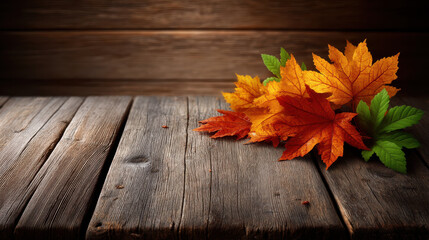 Fototapeta premium Autumn leaves in orange, red, and green colors lie on rustic wooden surface with warm background, evoking cozy seasonal atmosphere