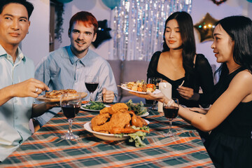 Diversity, dinner and group of people toast celebration together at party. Friends, happy and celebrate with food, wine and friendship for love, support and cheers champagne at business function