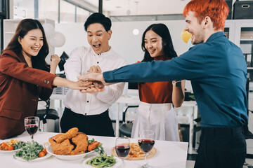 Diversity, dinner and group of people toast celebration together at party. Friends, happy and celebrate with food, wine and friendship for love, support and cheers champagne at business function