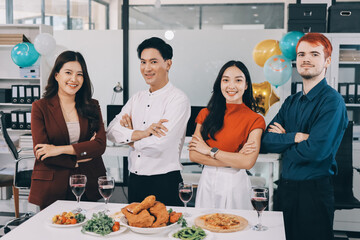 Diversity, dinner and group of people toast celebration together at party. Friends, happy and celebrate with food, wine and friendship for love, support and cheers champagne at business function