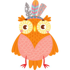 Whimsical Cartoon Owl With Tribal Feathers And Orange Body Standing Against Transparent Background With Large Yellow Eyes And Pink Chest Detail