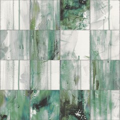 Abstract grid painting with green and white brushstrokes