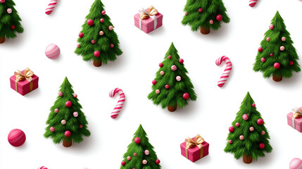 Christmas tree with red and pink ornaments, candy canes, and gift boxes with golden ribbons on white background, festive holiday pattern