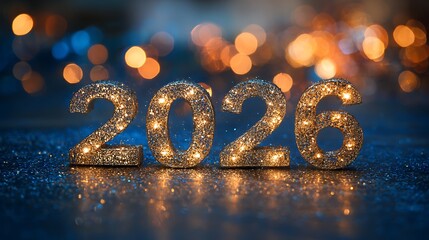 Sparkling golden illuminated numbers 2026 with bokeh lights creating a festive and celebratory new year s eve atmosphere