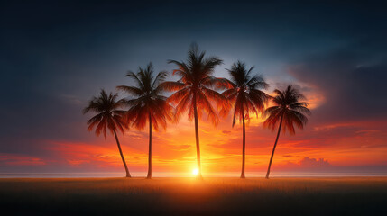Tropical palm trees silhouette at vibrant sunset with colorful sky and calm ocean horizon creating peaceful mood