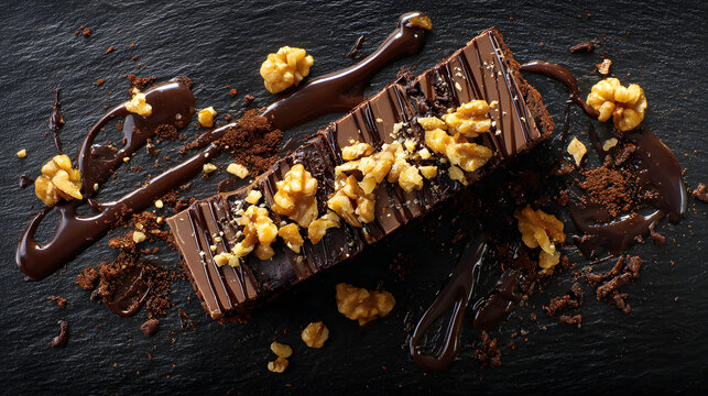 Deconstructed brownie with scattered fudge chunks, melted chocolate lines, and crushed walnuts on a dark slate