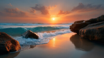 Obraz premium Sunset over ocean waves crashing on rocky beach with vibrant sky and warm light reflection on water