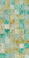 Abstract mosaic pattern with green, yellow, and beige marble-like tiles