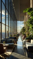 Vibrant photo of a sunlit modern lounge with lush vertical gardens and large windows