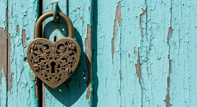 Ornate heart-shaped padlock on weathered turquoise wooden door image photo - Powered by Adobe