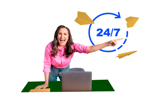 Composite artwork sketch image collage of trader arrow growth success business cycle 247 aged lady bossy task finger point message flight