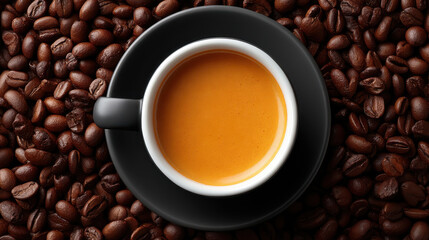 Fototapeta premium Espresso coffee cup with rich crema on black saucer surrounded by roasted coffee bean background for warm morning drink