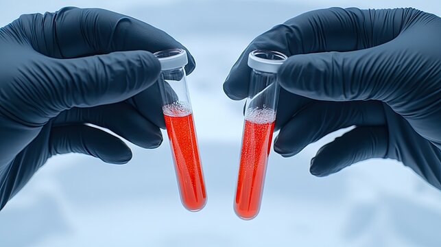 Expert hands in black gloves carefully examine test tubes filled with vibrant red liquid to study Group B Streptococcus in a clinical setting