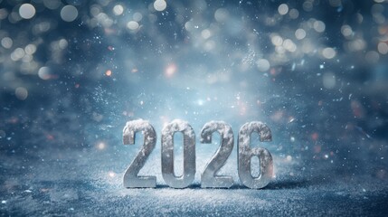Icy winter scene with frosted metallic 2026 numerals standing in snow against a cold blue snowfall background, capturing a magical New Year seasonal ambiance.