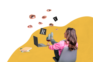 Trend artwork composite 3D photo collage design of eye fragment watch peek aged woman work laptop cocktail holiday drink club toast