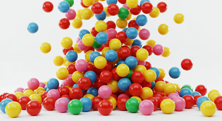 Obraz premium Colorful plastic balls falling onto a bright white surface in mid-air. 