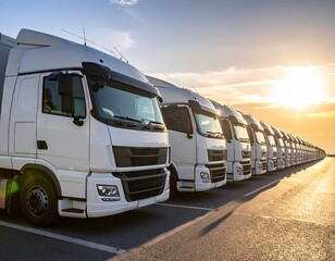 Fleet of White Semi Trucks Parked in a Row at Sunset