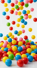 Obraz premium Colorful plastic balls falling onto a bright white surface in mid-air. 