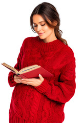 pion pregnant, phone, book (diversity) - 2025.10.21 - happy spanish beauty pregnant woman wearing warm green winter sweater, reading a book isolated over white (transparent) background