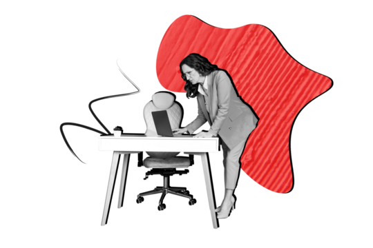 Composite photo collage of serious old businesswoman browsing macbook device workplace table chair flower isolated on painted background