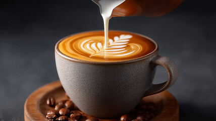Pouring steamed milk into espresso creating latte art with coffee beans on wooden saucer in cozy setting