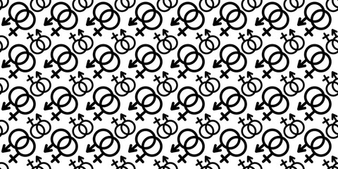 Black and white male and female gender symbol background. Seamless black and white pattern with male and female gender symbols. Seamless pattern with black and white gender symbol background. 