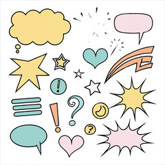 Collection of hand drawn doodle elements including hearts clouds stars lightning and speech bubbles