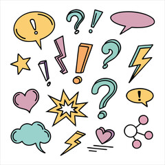 Collection of hand drawn doodle elements including hearts clouds stars lightning and speech bubbles