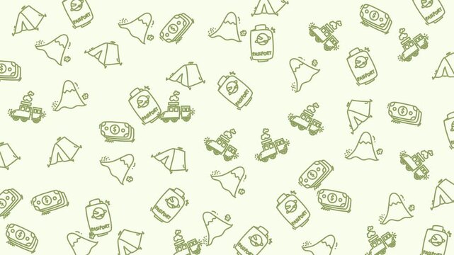 Doodle travel design features a repeating seamless pattern animation of camping, mountains, trains, money, and passports.