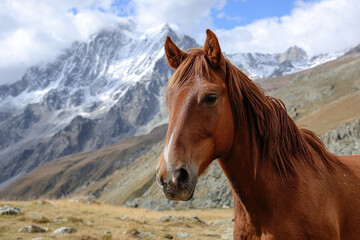 Fototapeta premium Portrait of a wild chestnut horse in the mountains.