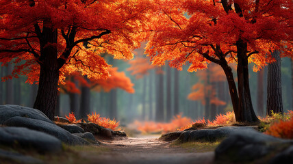 Autumn forest path framed by vibrant orange and red leaves with soft sunlight creating warm and peaceful atmosphere