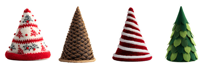 Christmas cone decorations and festive hats isolated on a transparent PNG background, white background, cut out