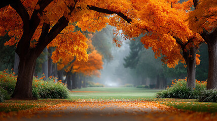 Autumn park with vibrant orange trees lining pathway covered in fallen leaves, creating peaceful and colorful seasonal scene