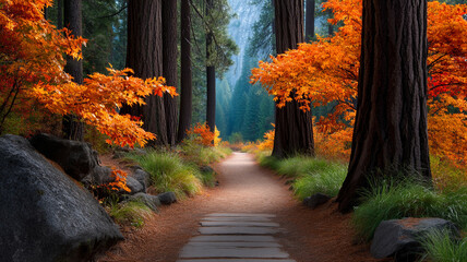 Scenic trail through forest with bright autumn colors and tall trees along peaceful path surrounded by rocks and green grass