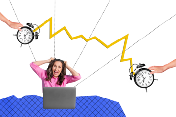 Composite trend artwork 3D sketch image photo collage of office manager work remote laptop aged woman omg face scream clock time deadline