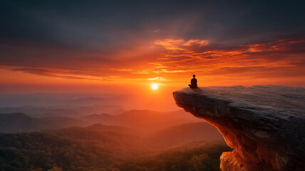Silhouette person meditating on cliff edge during vibrant sunset with colorful sky and mountain landscape creating peaceful mood