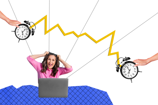 Composite trend artwork 3D sketch image photo collage of office manager work remote laptop aged woman omg face scream clock time deadline