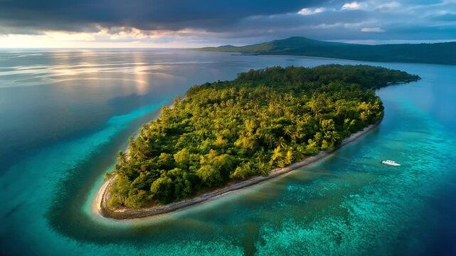 Indonesian island aerial view, lush green forests and blue ocean, under soft natural light highlighting natural beauty and expanse, serene landscape scene, calm ocean lighting, wit
